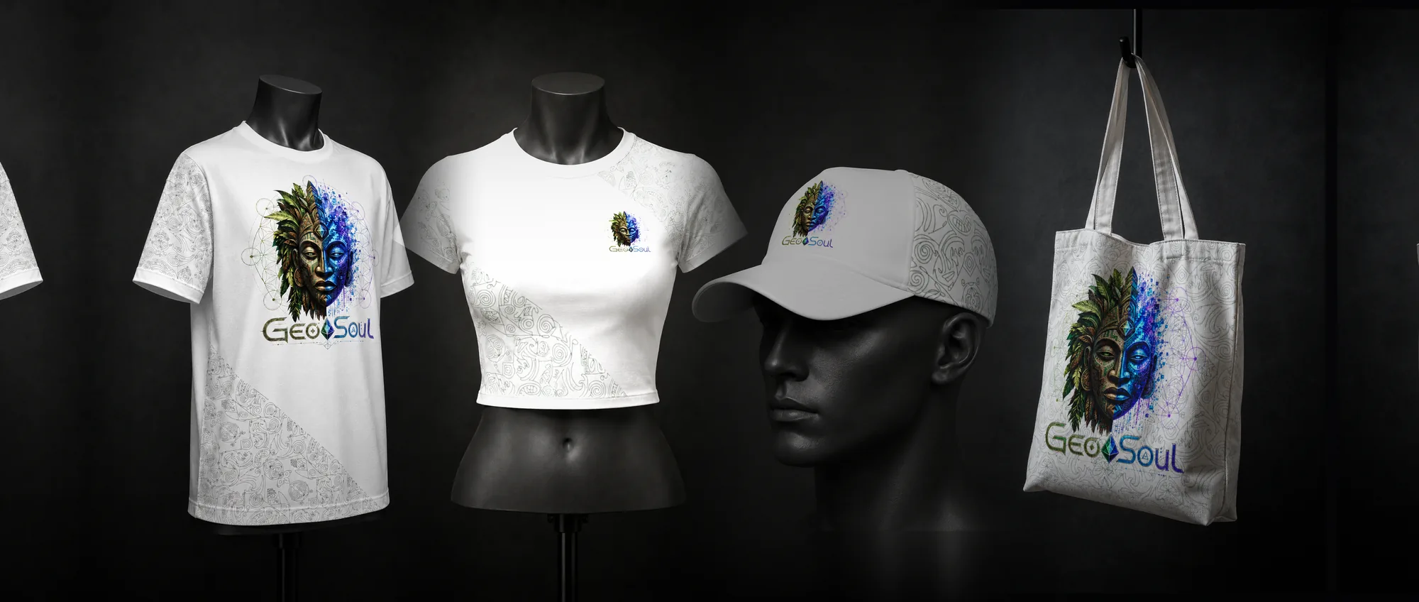 The GeoSoul product line-up: tees, a cropped tee, a cap and a tote
